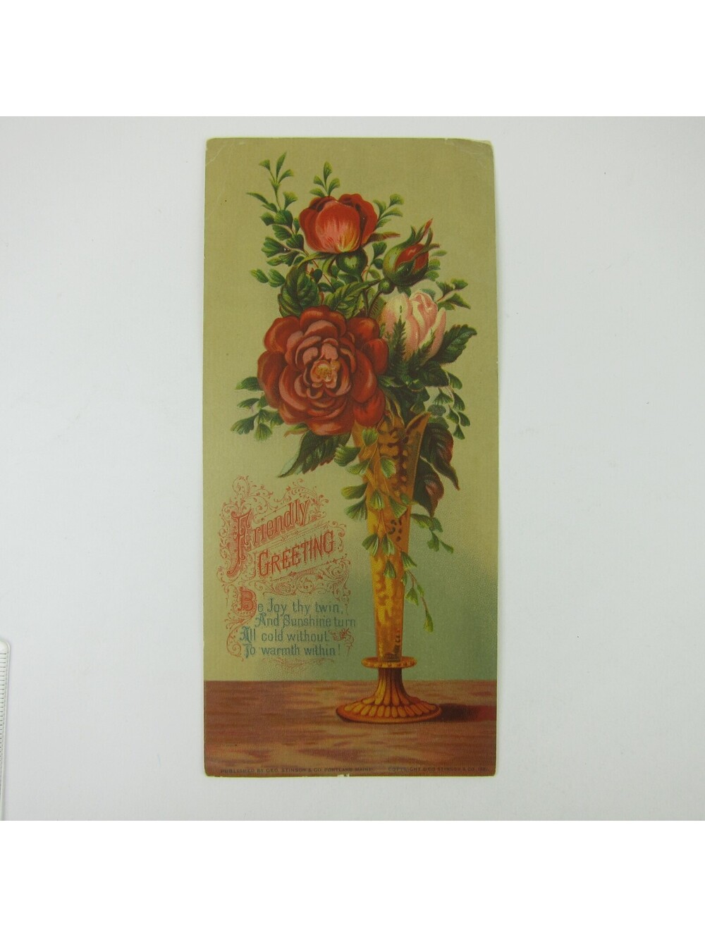 Victorian Greeting Card LARGE Red Flowers Pink Rose in Gold Vase Antique 1881